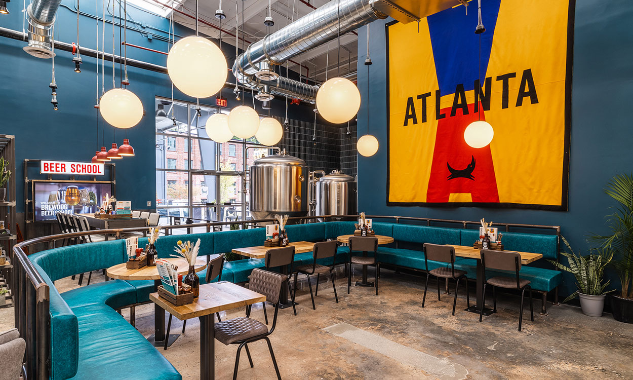 Photo of the inside of BrewDog's Atlanta location. Store planning and construction management by Asset Strategies Group